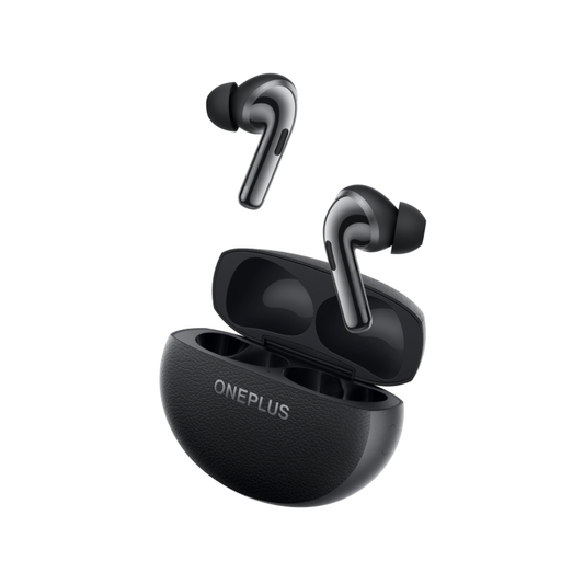 OnePlus Buds Pro 3 black wireless earbuds with open charging case angled view