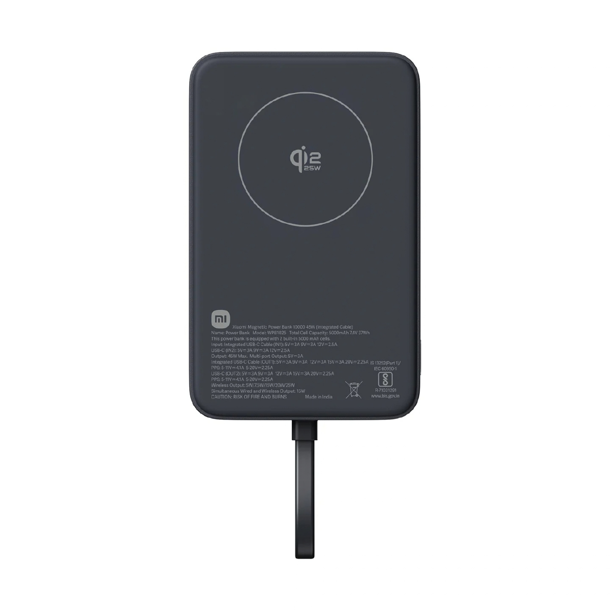 Xiaomi Magnetic Power Bank 10000 45W Black front view showing Qi2 25W wireless pad and integrated USB-C cable with spec label