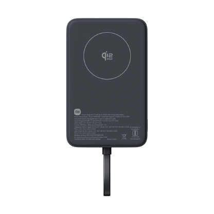 Xiaomi Magnetic Power Bank 10000 45W Black front view showing Qi2 25W wireless pad and integrated USB-C cable with spec label