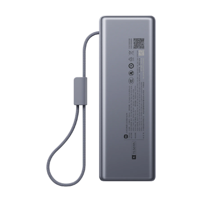 Xiaomi Power Bank 20000 165W back view showing full spec label and braided cable strap