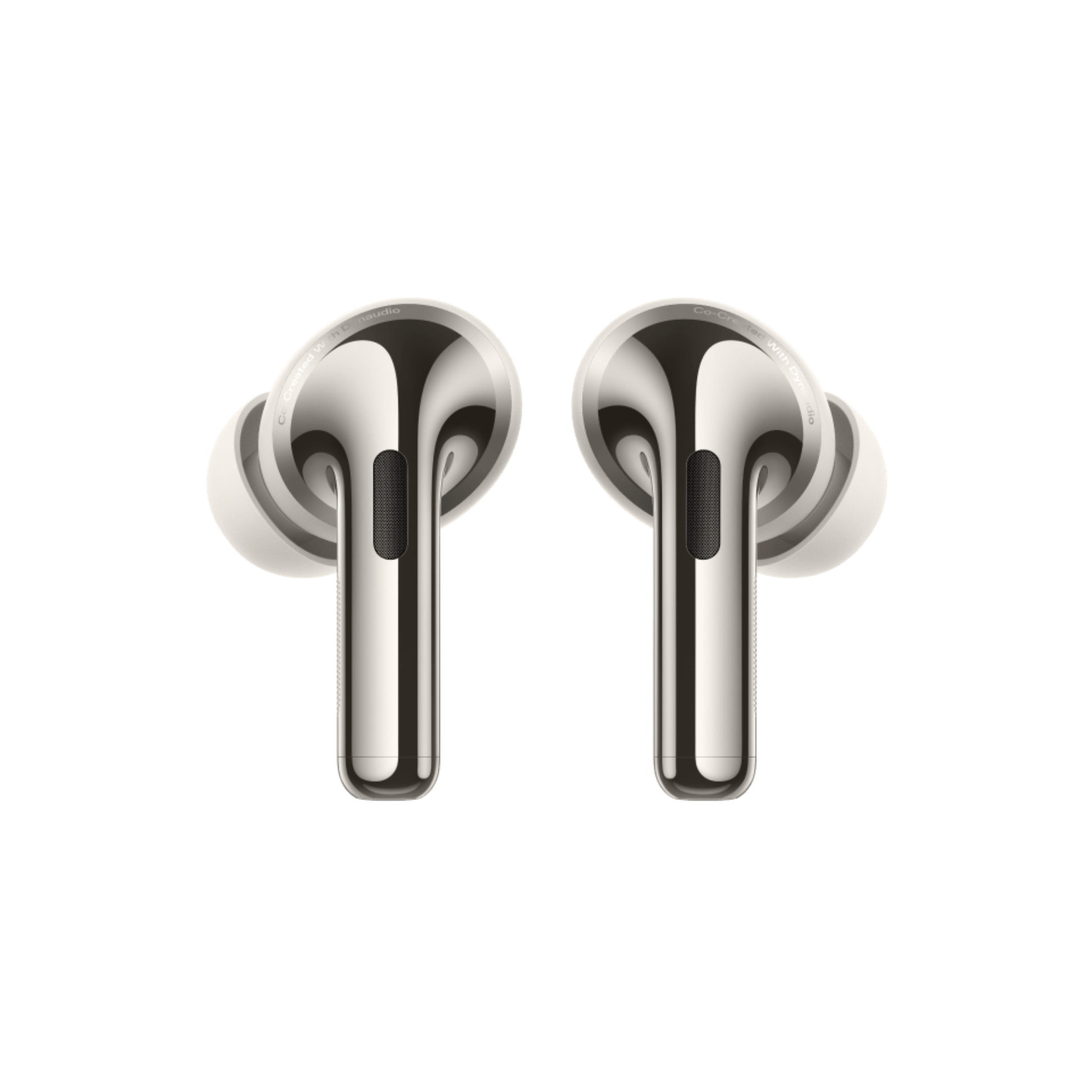 Rear view of OnePlus Nord Buds 4 Pro white earbuds highlighting the Co-Created with Dynaudio audio design
