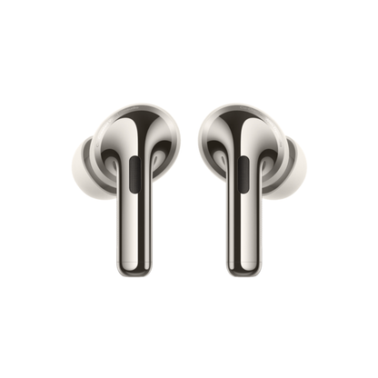 Rear view of OnePlus Nord Buds 4 Pro white earbuds highlighting the Co-Created with Dynaudio audio design