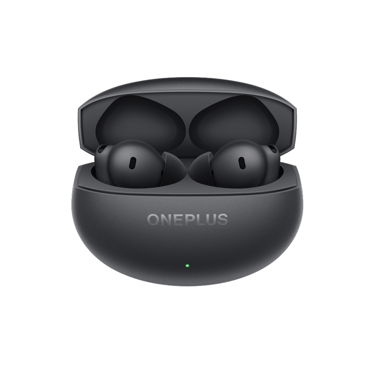 OnePlus Buds 4 Black charging case open with earbuds seated inside showing ONEPLUS branding