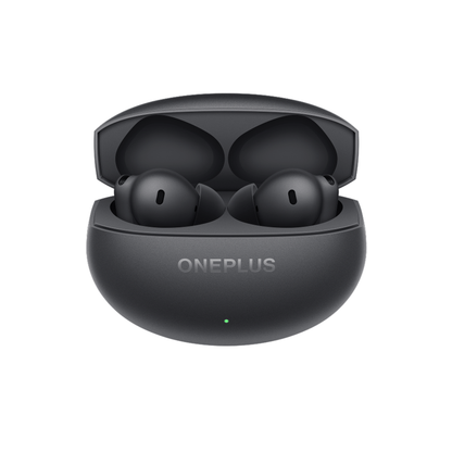 OnePlus Buds 4 Black charging case open with earbuds seated inside showing ONEPLUS branding