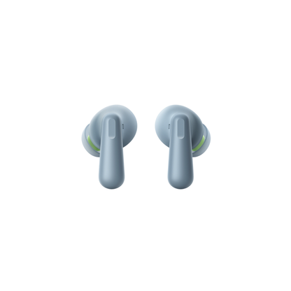 OnePlus Nord Buds 3 Blue TWS earbuds front view showing stem and green accent ring detail
