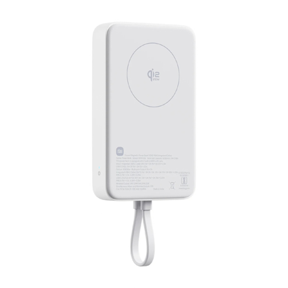 Xiaomi Magnetic Power Bank 10000 45W White back view showing Qi2 25W wireless charging pad and integrated USB-C cable