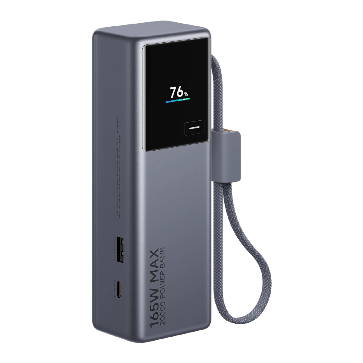 Xiaomi Power Bank 20000 165W angled view showing USB-A and USB-C ports with smart display and built-in cable