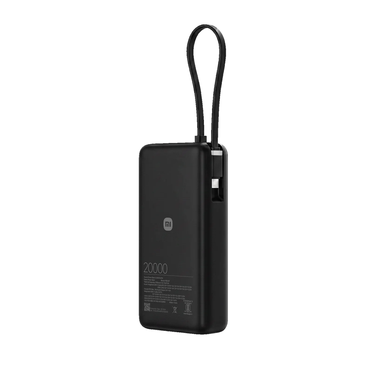 Xiaomi Power Bank 5i 20000 67W Black back view showing Mi logo 20000mAh capacity and full spec label