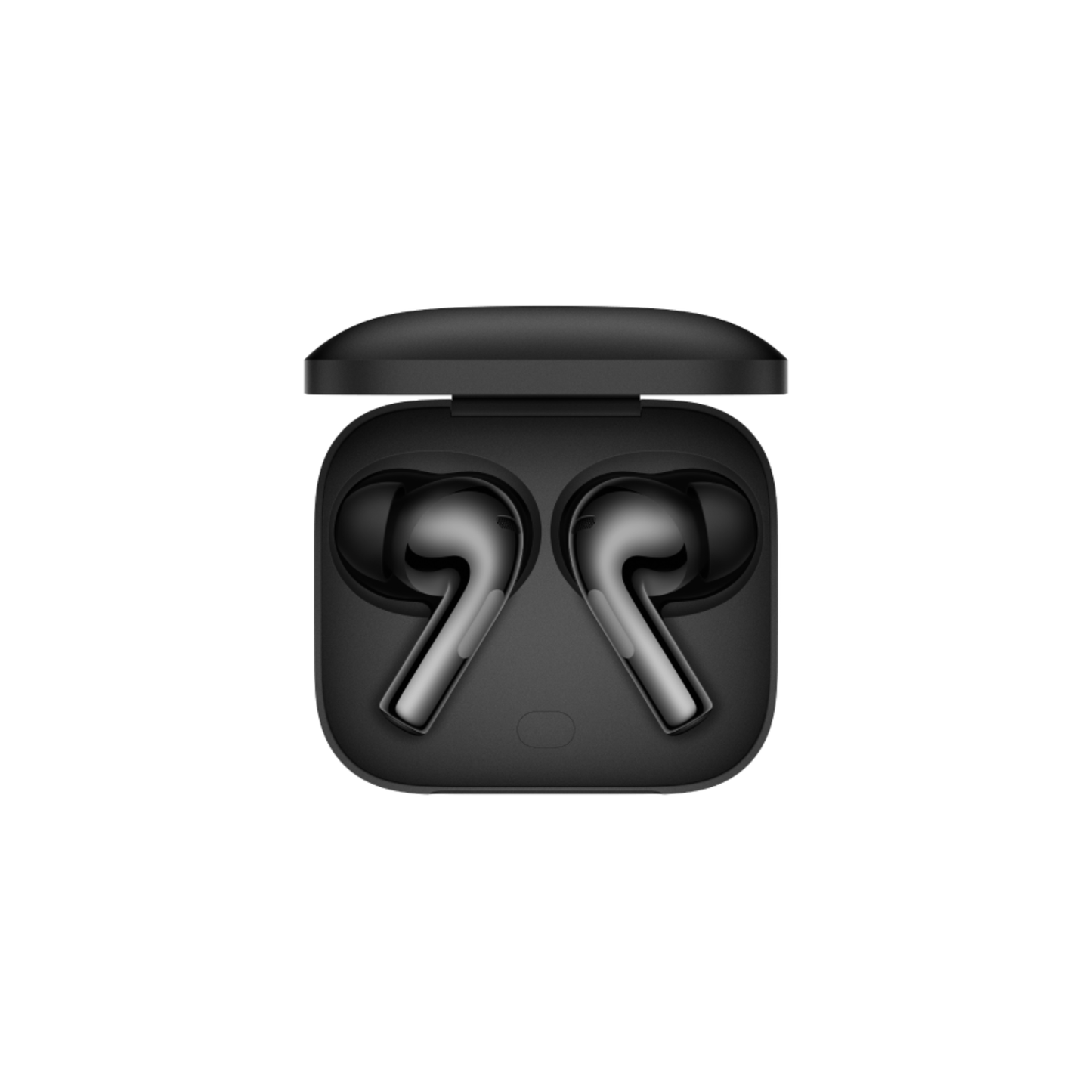 OnePlus Buds 3 Black charging case open front view with both earbuds seated inside