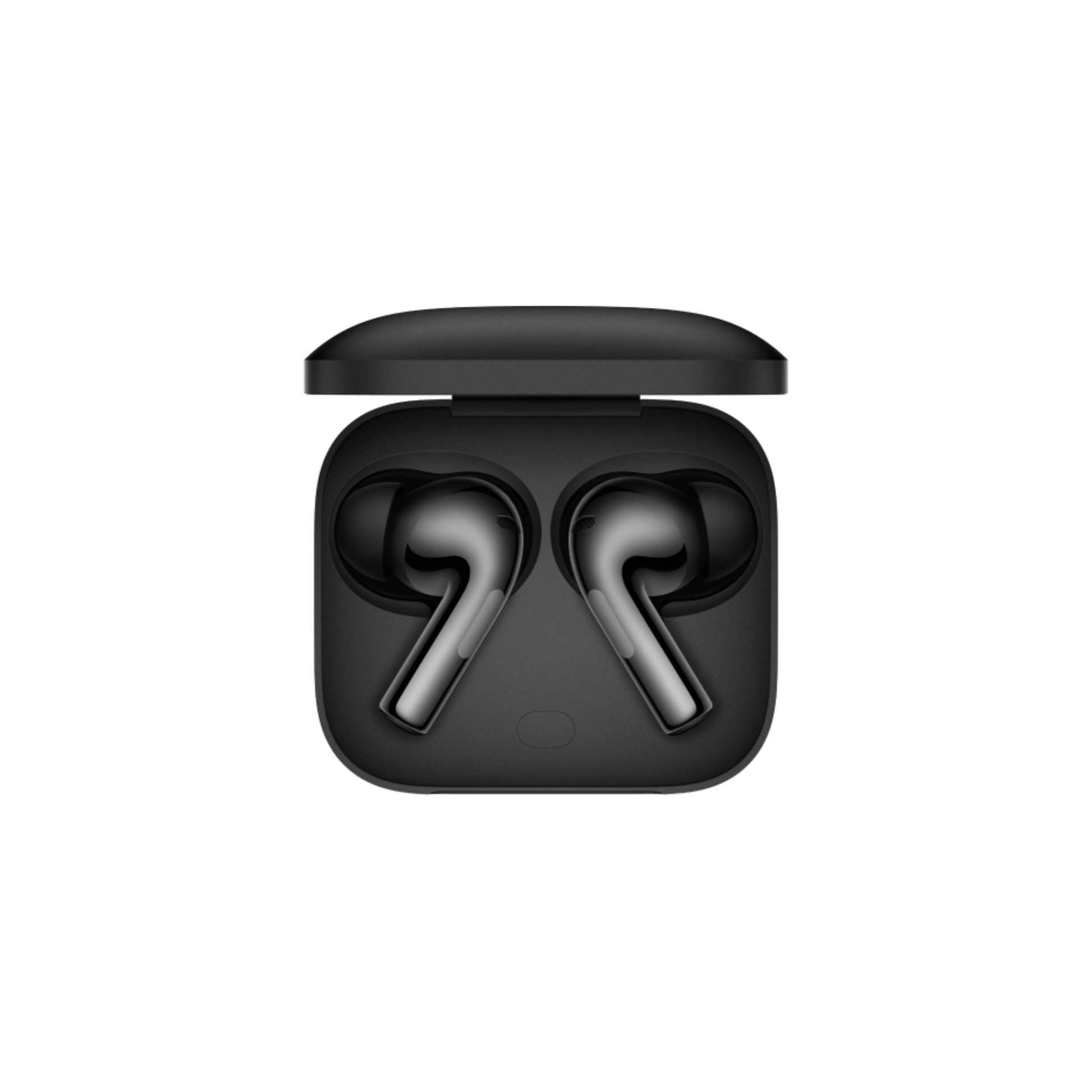 OnePlus Buds 3 Black charging case open front view with both earbuds seated inside