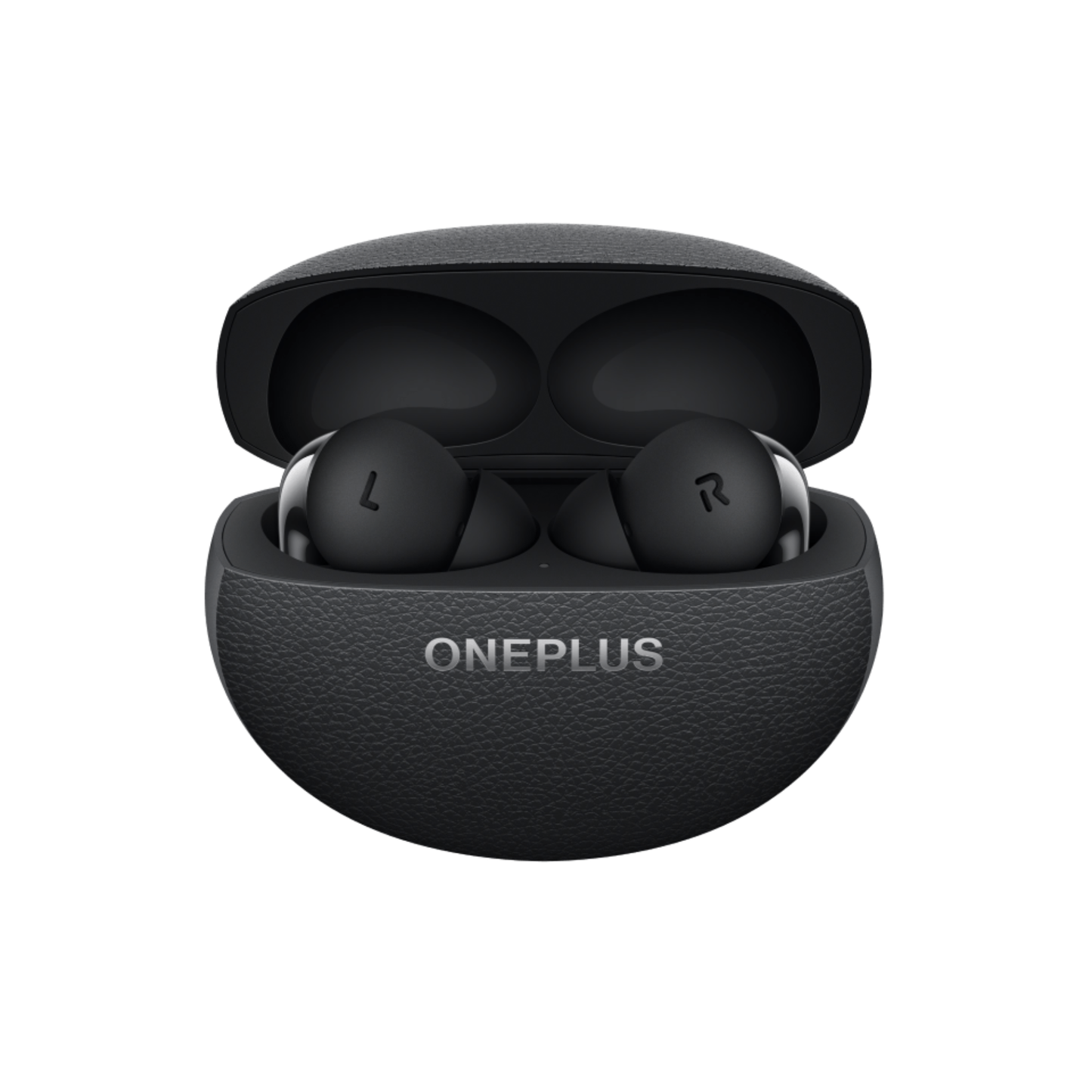 OnePlus Buds Pro 3 black earbuds placed inside open charging case front view
