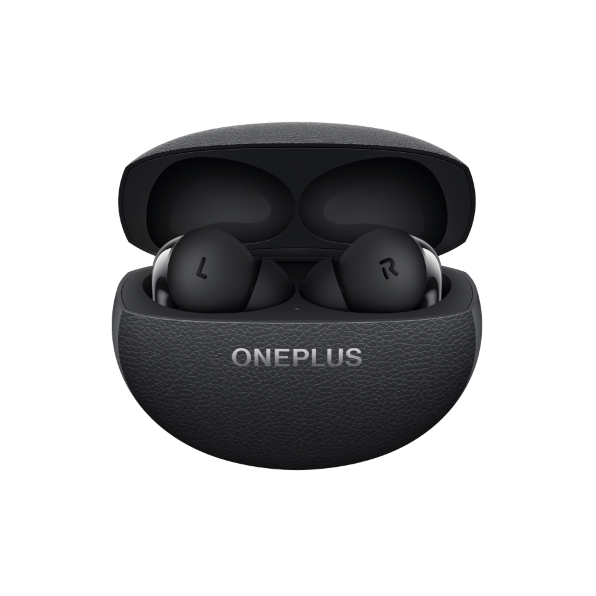 OnePlus Buds Pro 3 black earbuds placed inside open charging case front view