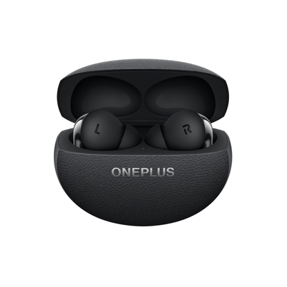 OnePlus Buds Pro 3 black earbuds placed inside open charging case front view