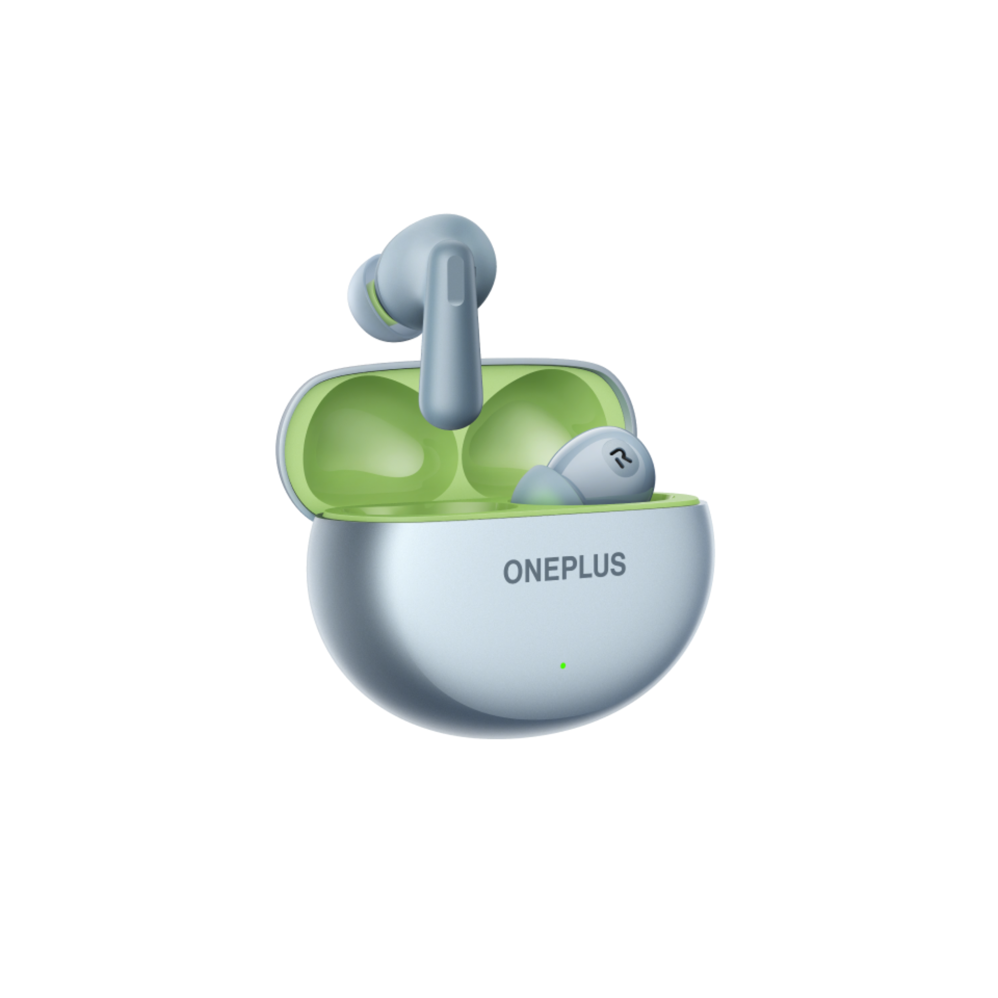OnePlus Nord Buds 3 Blue charging case open angled view showing green interior and ONEPLUS branding