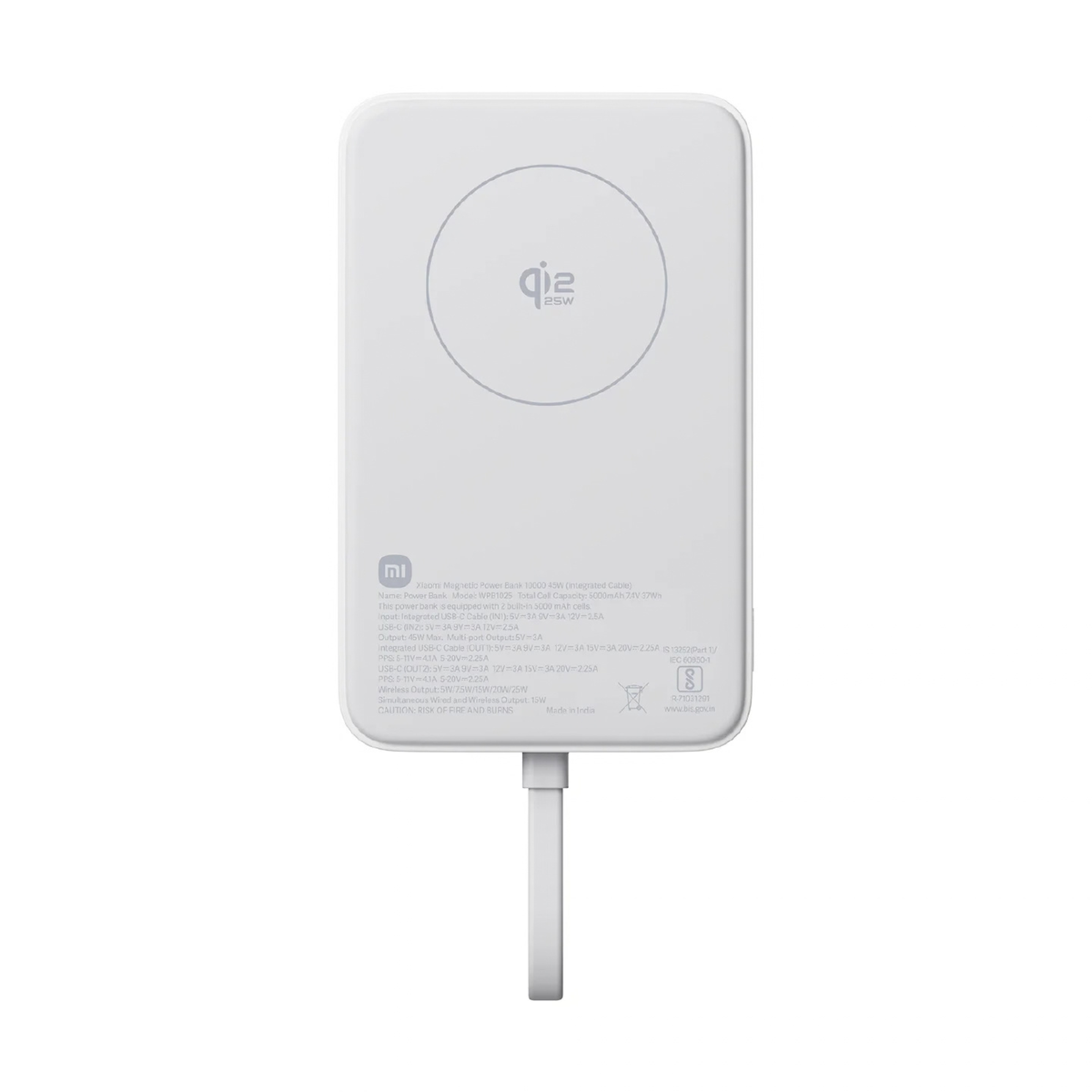 Xiaomi Magnetic Power Bank 10000 45W White front view showing Qi2 25W wireless pad and integrated USB-C cable with spec label