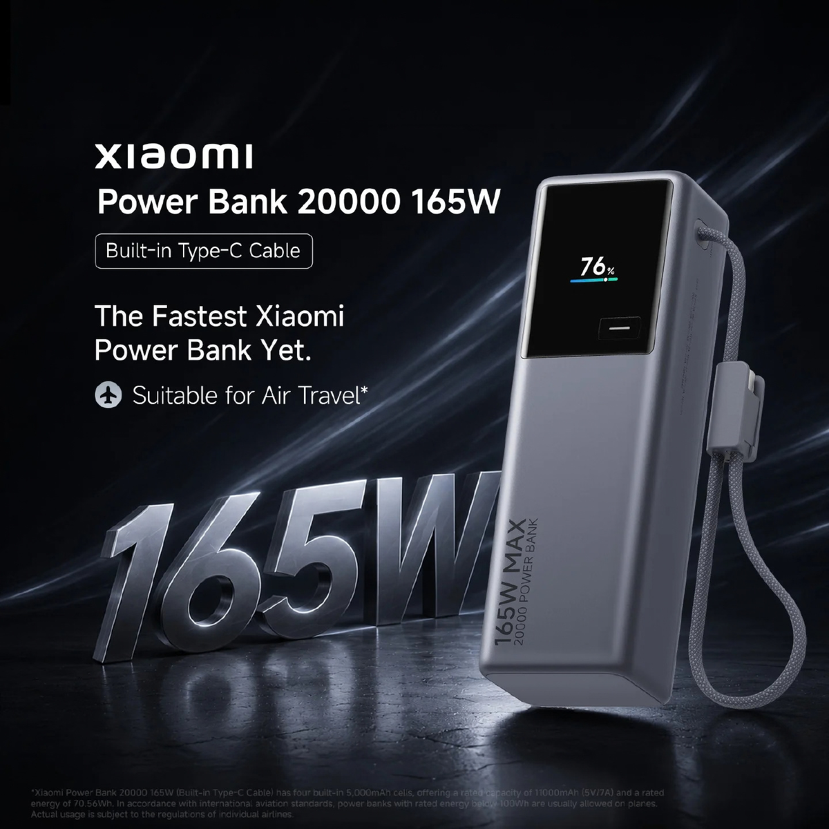 Xiaomi Power Bank 20000 165W hero banner showing fastest Xiaomi power bank with built-in Type-C cable suitable for air travel