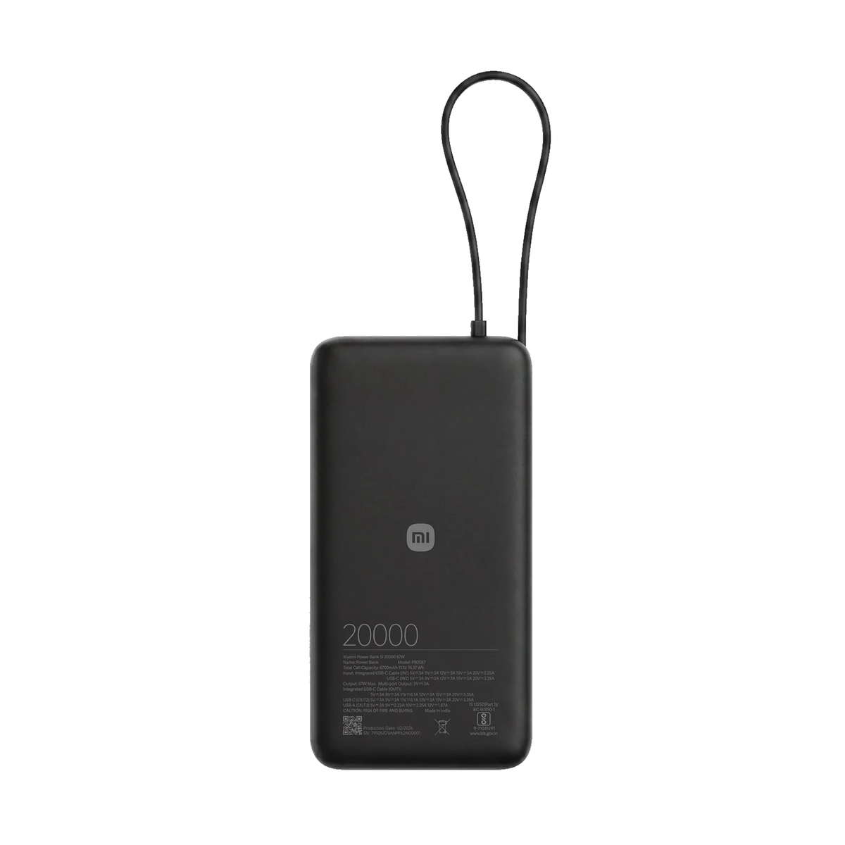 Xiaomi Power Bank 5i 20000 67W Black flat back view showing Mi logo and 20000mAh capacity label