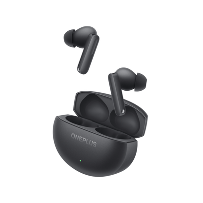 OnePlus Buds 4 Black TWS earbuds floating out of open charging case angled view