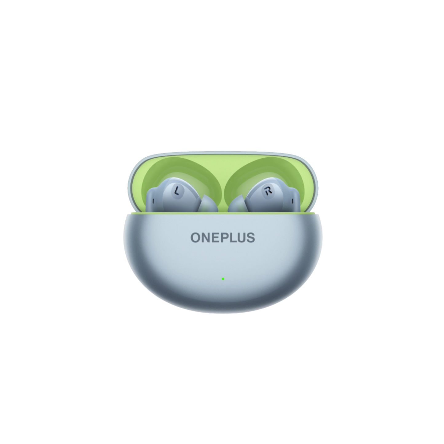 OnePlus Nord Buds 3 Blue charging case open front view with both earbuds seated showing green interior