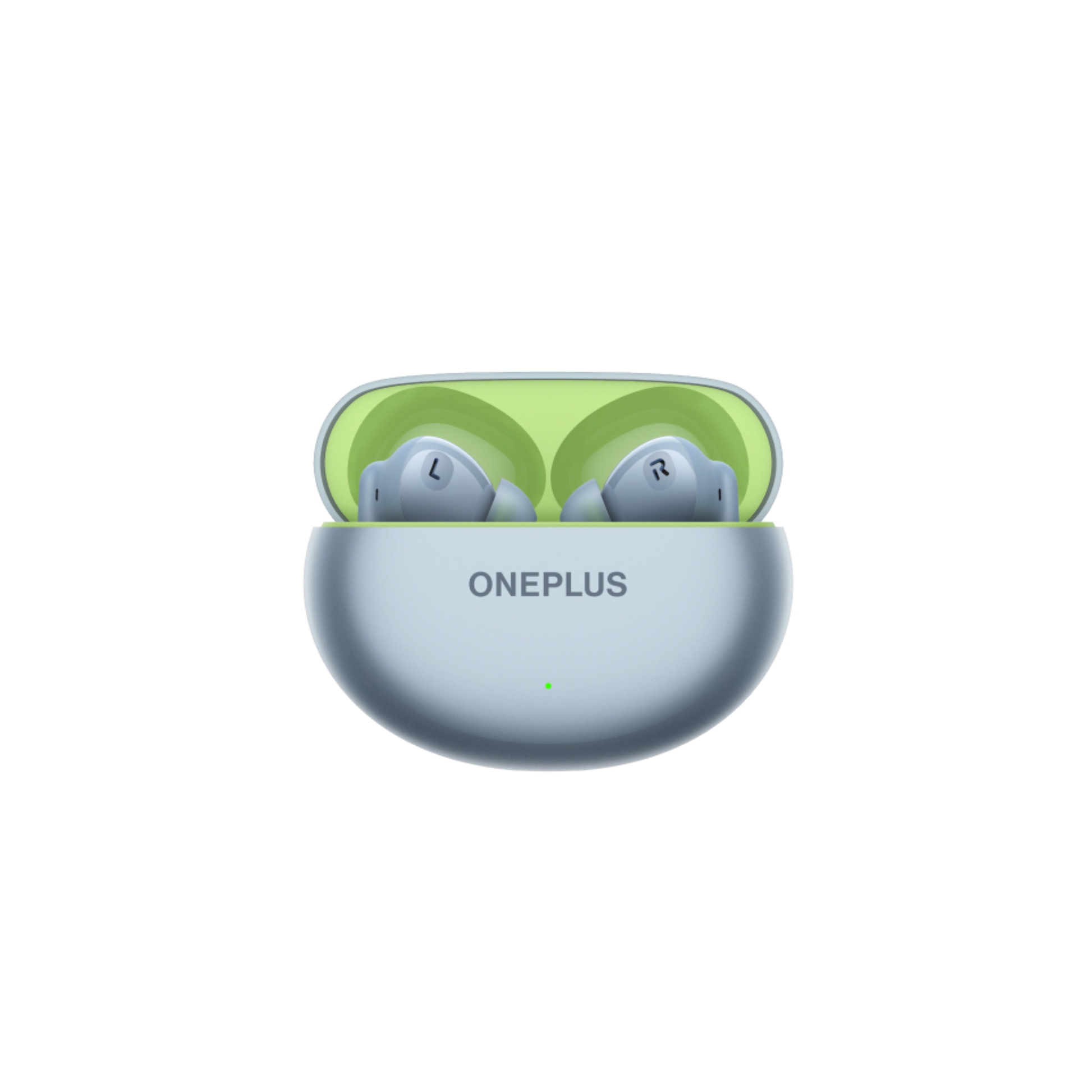 OnePlus Nord Buds 3 Blue charging case open front view with both earbuds seated showing green interior