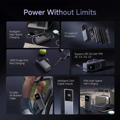 Xiaomi Power Bank 20000 165W key features infographic showing intelligent high-speed charging 12 layers protection 120W single port 90W self-charging and smart color display