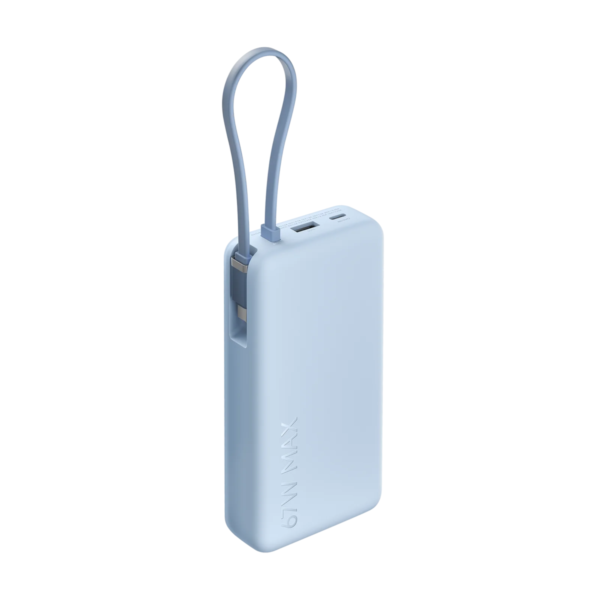 Xiaomi Power Bank 5i 20000 67W Blue angled front view showing USB-A USB-C ports and built-in Type-C cable loop