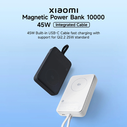 Xiaomi Magnetic Power Bank 10000 45W Black and White color variants side by side showing 45W integrated cable and Qi2 wireless charging