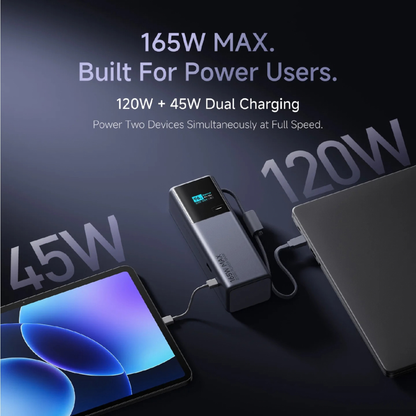 Xiaomi Power Bank 20000 165W charging tablet at 45W and laptop at 120W simultaneously with smart display showing battery status