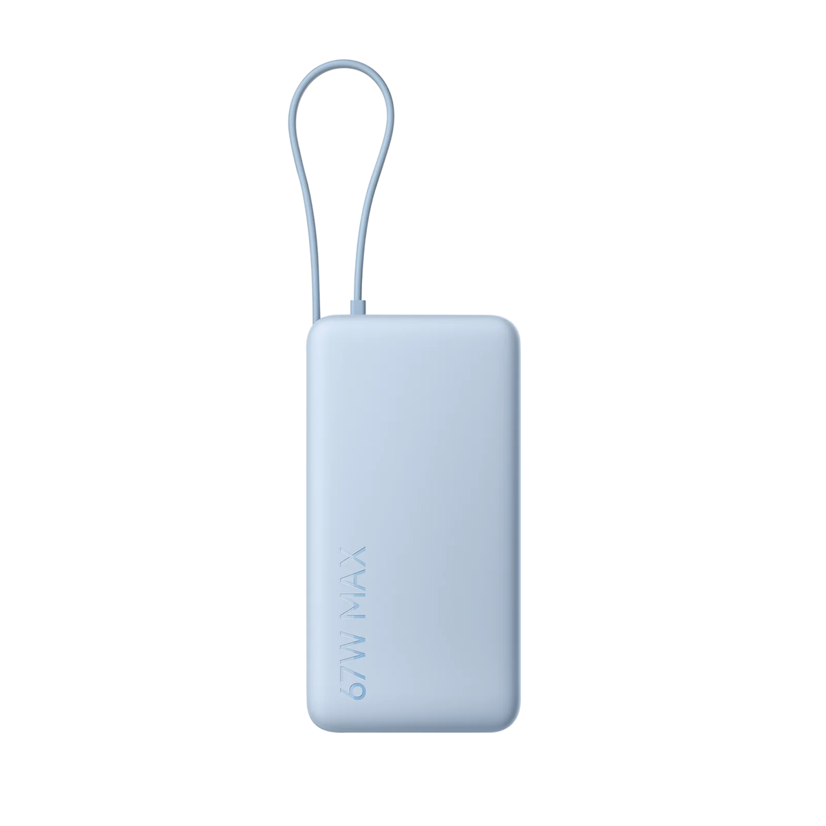 Xiaomi Power Bank 5i 20000 67W Blue front view showing 67W MAX branding and built-in Type-C cable