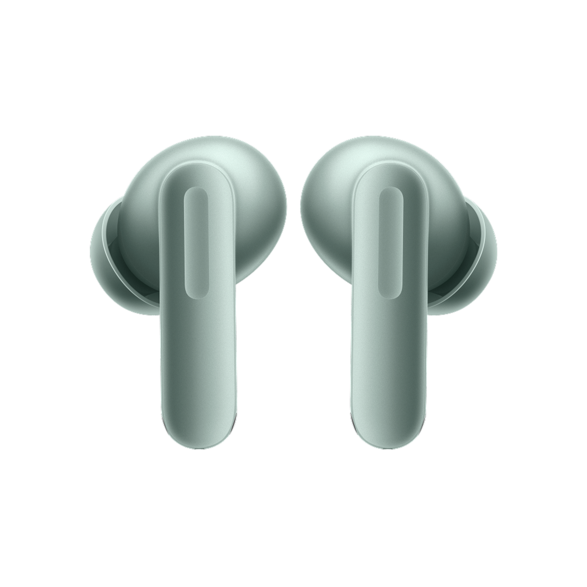 OnePlus Buds 4 Green wireless earbuds close-up showing oval stem and silicone ear tips