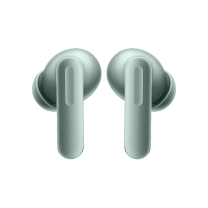 OnePlus Buds 4 Green wireless earbuds close-up showing oval stem and silicone ear tips