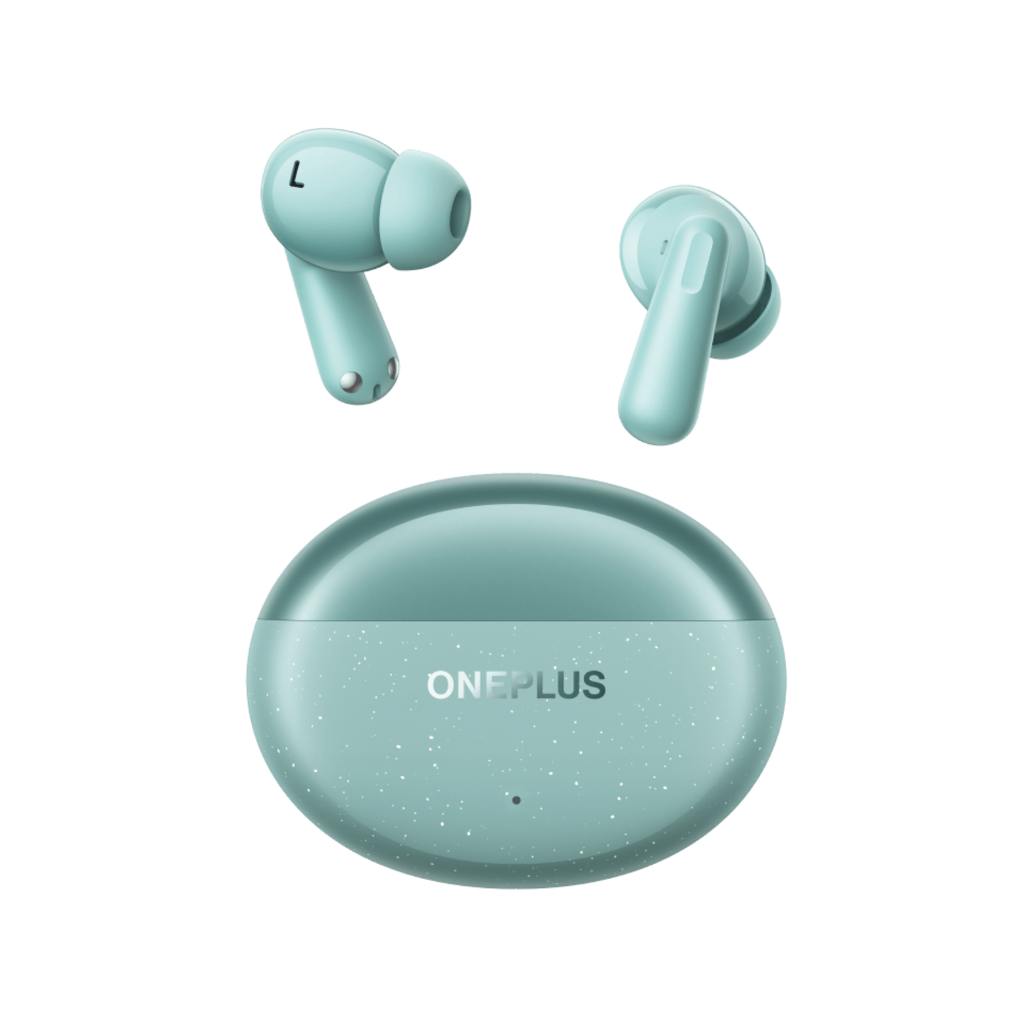 OnePlus Nord Buds 3 Pro Green TWS earbuds floating out of closed charging case angled view
