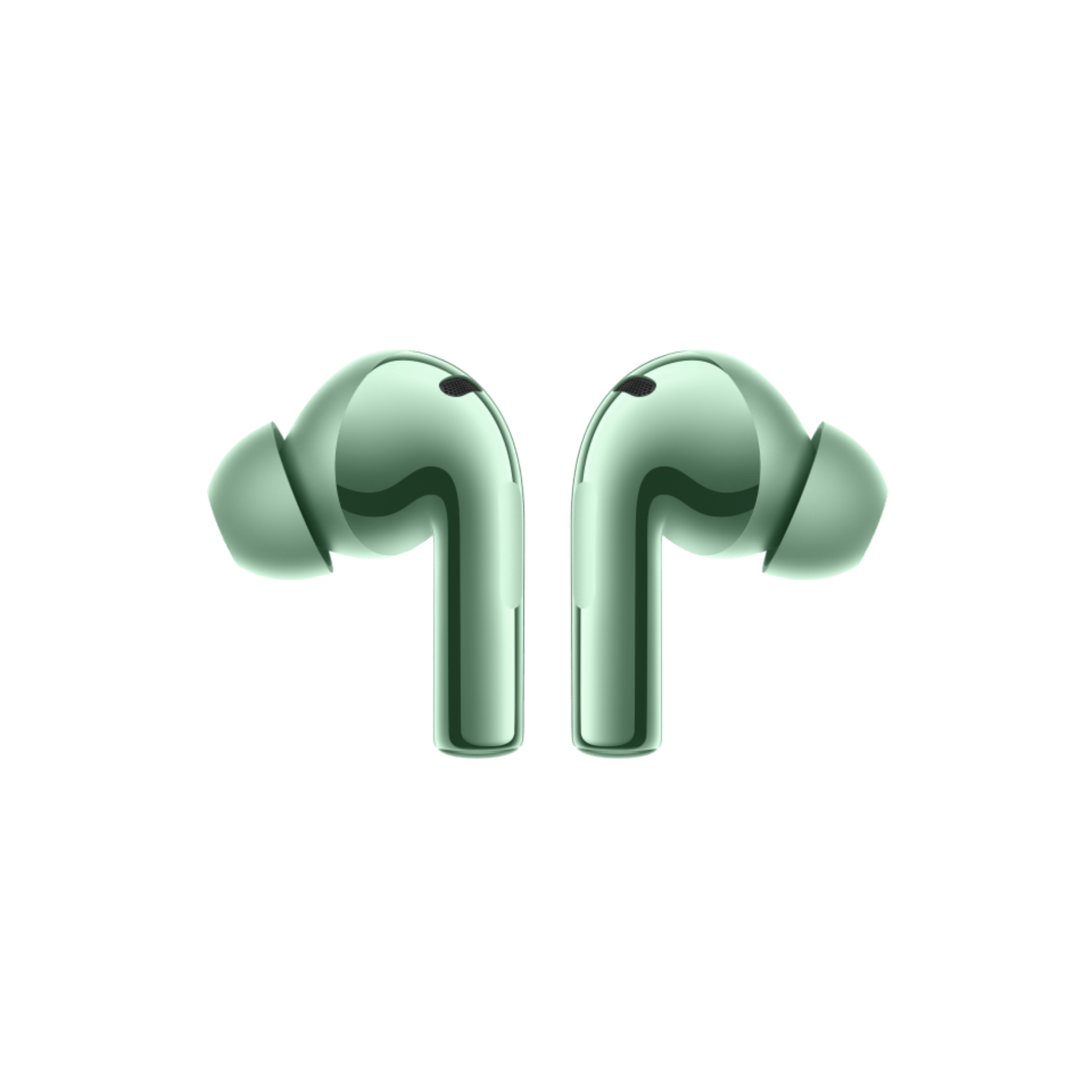 OnePlus Buds 3 Green wireless earbuds side view showing curved stem and ear tip design