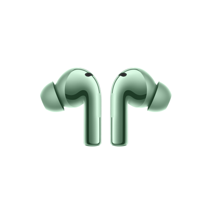 OnePlus Buds 3 Green wireless earbuds side view showing curved stem and ear tip design