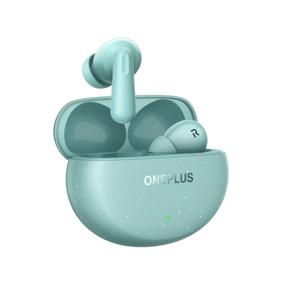 OnePlus Nord Buds 3 Pro Green charging case open angled view with one earbud out showing ONEPLUS branding