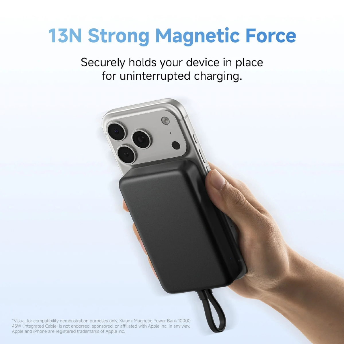 Xiaomi Magnetic Power Bank 10000 45W attached to smartphone with 13N strong magnetic force held in hand