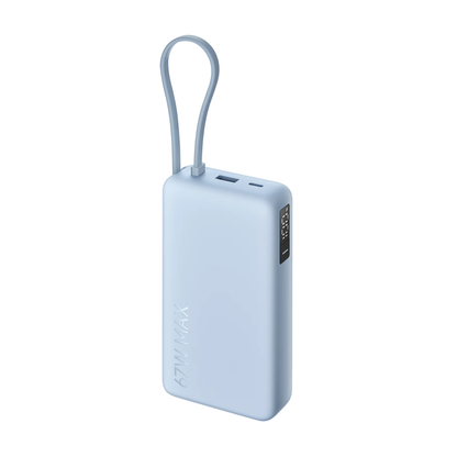 Xiaomi Power Bank 5i 20000 67W Blue side view showing digital LED battery display and USB ports