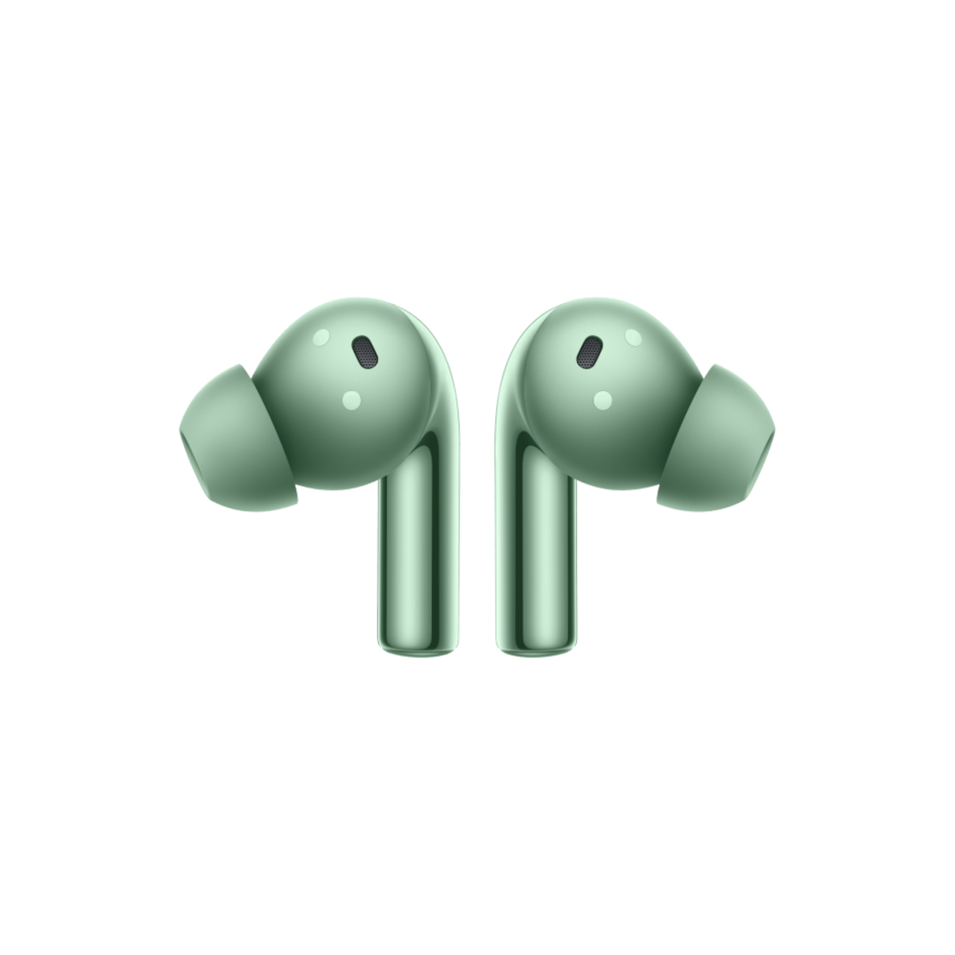 OnePlus Buds 3 Green TWS earbuds front view showing microphone and sensor detail