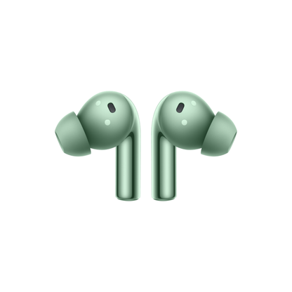 OnePlus Buds 3 Green TWS earbuds front view showing microphone and sensor detail