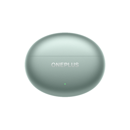 OnePlus Buds 4 Green charging case closed front view with ONEPLUS logo and LED indicator