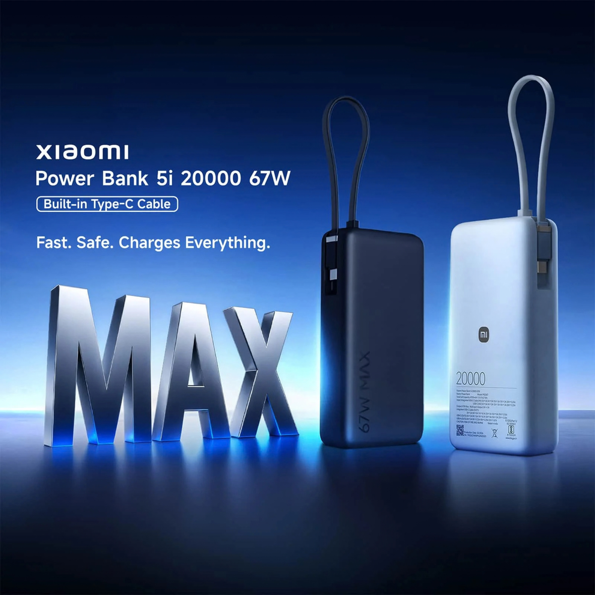 Xiaomi Power Bank 5i 20000 67W Black and Blue hero banner showing built-in Type-C cable fast safe charges everything