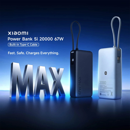 Xiaomi Power Bank 5i 20000 67W Black and Blue hero banner showing built-in Type-C cable fast safe charges everything