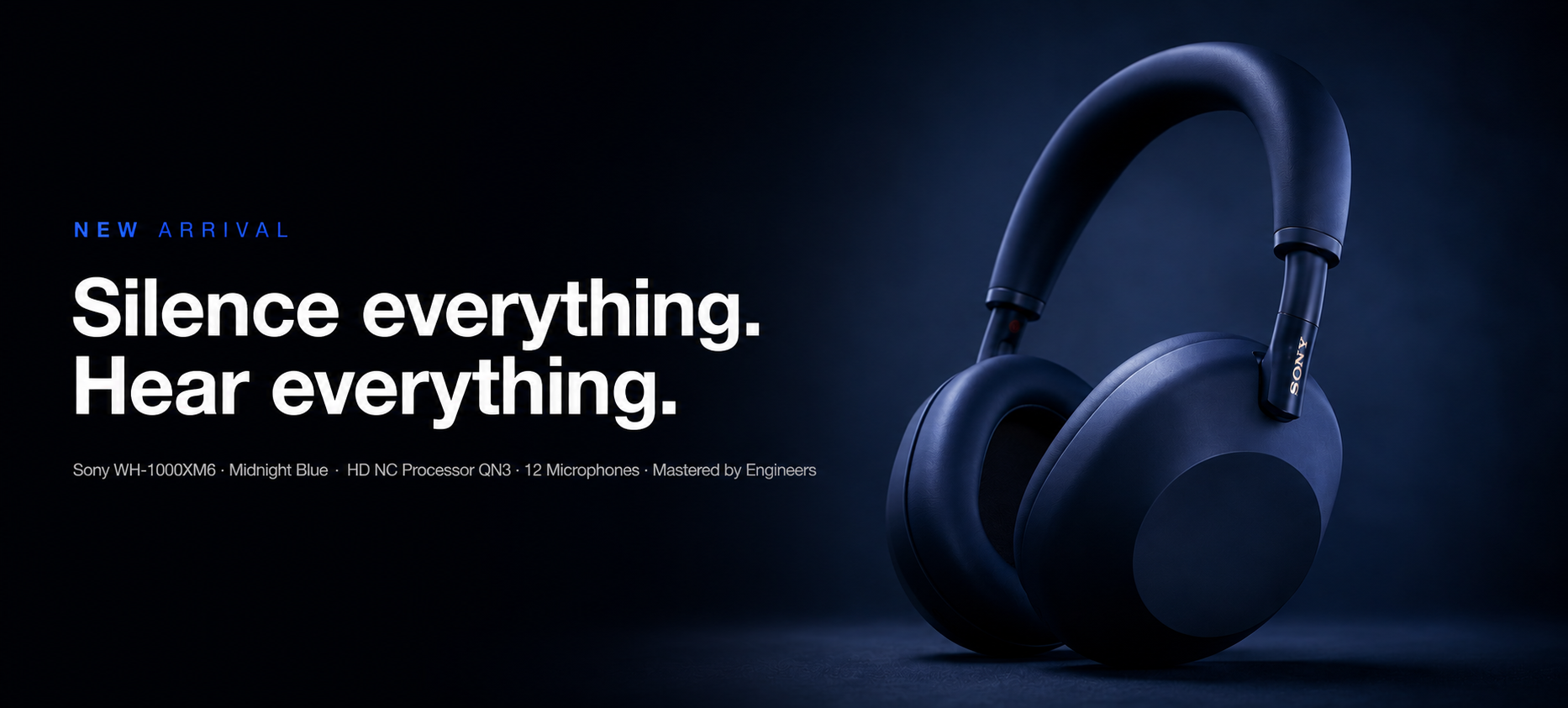 Sony WH-1000XM4 over-ear wireless headphones in Midnight Blue, shown on a dark blue background with promotional text on the left.